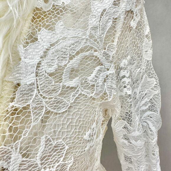 Vintage Y2k Moda International White Lace Duster Faux Fur Trim Sz XS Penny Lane - Picture 8 of 15